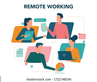 Remote working concept. Telework and global outsourcing, Employee work from home. Social-distance during corona virus quarantine. Isolated flat vector illustration