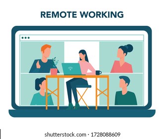 Remote working concept. Telework and global outsourcing, Employee work from home. Social-distance during corona virus quarantine. Isolated flat vector illustration