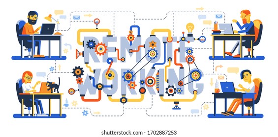 Remote Working - Creative Concept. Development Team Work On A Project Online. People With Laptop - Flat Characters. Vector Illustration.