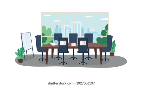 Remote working flat color vector illustration. Business plan during corona virus pandemic. Rules during lockdown. Managing positions 2D cartoon interior with big statistic chart on background