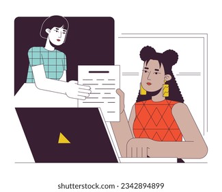 Remote working flat line concept vector spot illustration. Sharing colleagues online 2D cartoon outline characters on white for web UI design. Freelancer woman editable isolated color hero image