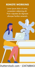 Remote Working, Freelance Vector Flyer Template. Woman Using Laptop at Home. Web Conference, Webinar. Online Education, University. Distance Learning Poster with Text Space. Female Student Character