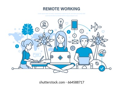 Remote working, freelancer, modern information technology, the workplace, tools freelancer and working space. Illustration thin line design of vector doodles, infographics elements.