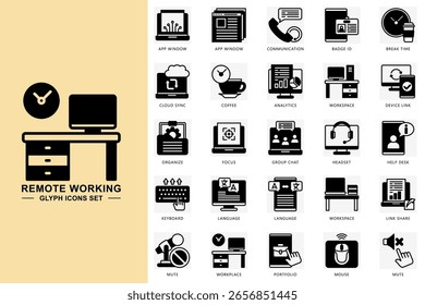 Remote working glyph icons set. contain app window, communication, badge id, workplace, keyboard, headset, mute and more. Vector for modern concept, print, UI, UX kit, web and app development.