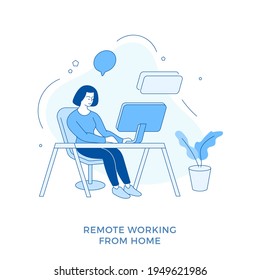 Remote working from home. Linear flat vector illustration. Female cartoon character sitting at desktop and working remotely online. Woman freelancer works at home office