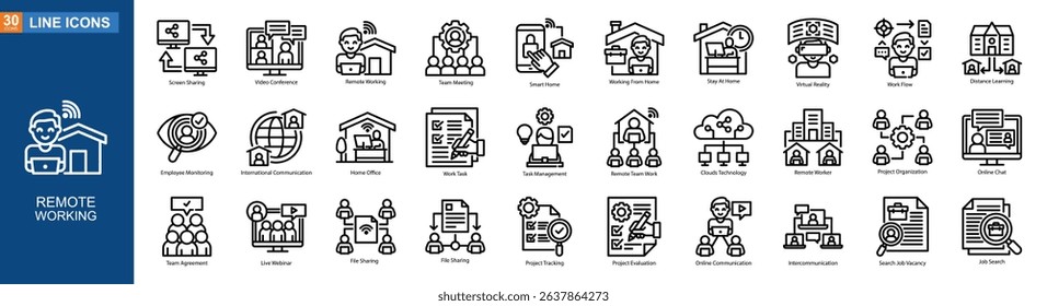 Remote Working icon collection line style, Screen Sharing, Video Conference, Remote Working, Team Meeting, Smart Home, Working From Home, Stay At Home, Virtual Reality, Vector illustration