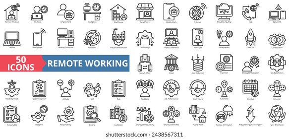 Remote working icon collection set. Containing employment, workplace, workhouse, digital nomad, mobile work, internet, cloud computing icon. Simple line vector