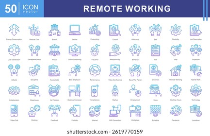 Conjunto de coleta de ícones de Trabalho Remoto. Contendo emprego, local de trabalho, casa de trabalho, nômade digital, trabalho móvel, internet, ícone de computação em nuvem.