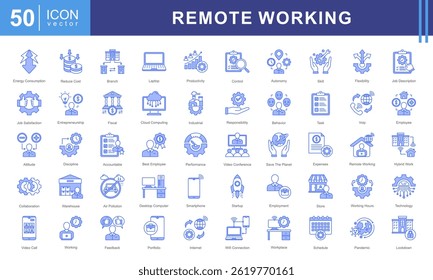 Conjunto de coleta de ícones de Trabalho Remoto. Contendo emprego, local de trabalho, casa de trabalho, nômade digital, trabalho móvel, internet, ícone de computação em nuvem.