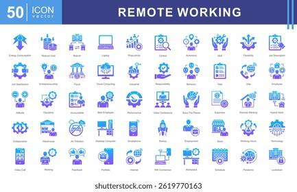 Conjunto de coleta de ícones de Trabalho Remoto. Contendo emprego, local de trabalho, casa de trabalho, nômade digital, trabalho móvel, internet, ícone de computação em nuvem.