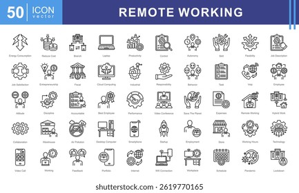 Conjunto de coleta de ícones de Trabalho Remoto. Contendo emprego, local de trabalho, casa de trabalho, nômade digital, trabalho móvel, internet, ícone de computação em nuvem.