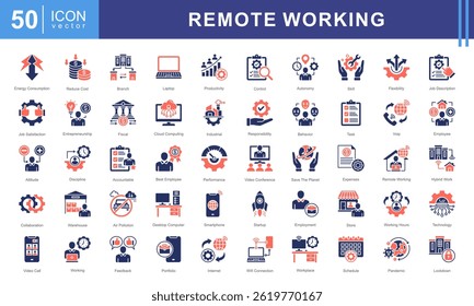 Conjunto de coleta de ícones de Trabalho Remoto. Contendo emprego, local de trabalho, casa de trabalho, nômade digital, trabalho móvel, internet, ícone de computação em nuvem.