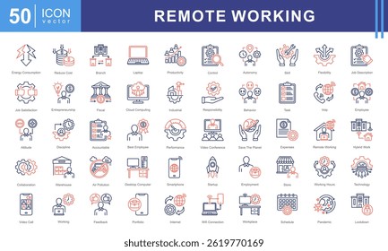 Conjunto de coleta de ícones de Trabalho Remoto. Contendo emprego, local de trabalho, casa de trabalho, nômade digital, trabalho móvel, internet, ícone de computação em nuvem.