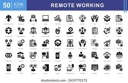 Conjunto de coleta de ícones de Trabalho Remoto. Contendo emprego, local de trabalho, casa de trabalho, nômade digital, trabalho móvel, internet, ícone de computação em nuvem.