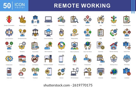 Conjunto de coleta de ícones de Trabalho Remoto. Contendo emprego, local de trabalho, casa de trabalho, nômade digital, trabalho móvel, internet, ícone de computação em nuvem.
