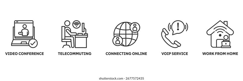Video Concepto de ilustración de conjunto de iconos de trabajo remoto con icono de conferencia, teletrabajo, conexión en línea, servicio voip, trabajo desde casa