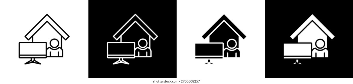 Icono de trabajo remoto establecido en línea y estilo de glifo sobre fondo blanco y negro