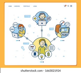 remote working illustration where the employee or freelancer work far from their boss. use for landing page, info graphic and other.