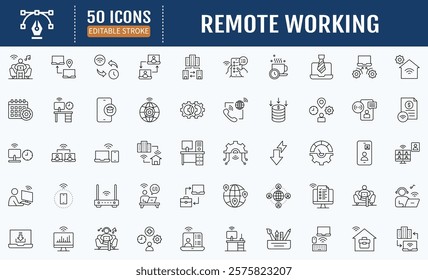 Remote working line editable icons set. Contains as,
working from home, freelancer, Coworking, Video
Conference, home office icon. Vector Illustration