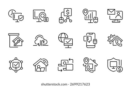 Conjunto de ícones de Linha de Trabalho Remoto. Trabalho remoto, freelance, trabalho híbrido, nômade digital, escritório, escritório doméstico, telecomutação, conjunto de ícones de linha de videoconferência. Pacote de ícones de linha fina da interface do usuário.
