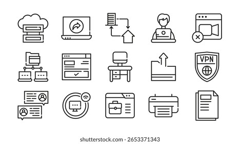 Conjunto de ícones linear de trabalho remoto. Trabalho em casa, trabalho híbrido, trabalho flexível, reunião, trabalho online, escritório em casa, freelance, nômade digital, escritório, trabalho em casa vetor ícone conjunto. Pacote de ícones de linha fina da interface do usuário.