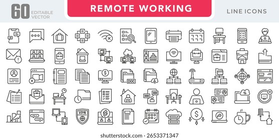 Conjunto de ícones linear de trabalho remoto. Trabalho em casa, trabalho híbrido, trabalho flexível, reunião, trabalho online, escritório em casa, freelance, nômade digital, escritório, trabalho em casa vetor ícone conjunto. Pacote de ícones de linha fina da interface do usuário.