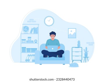 Remote working, A man work from home sitting on sofa trending concept flat illustration