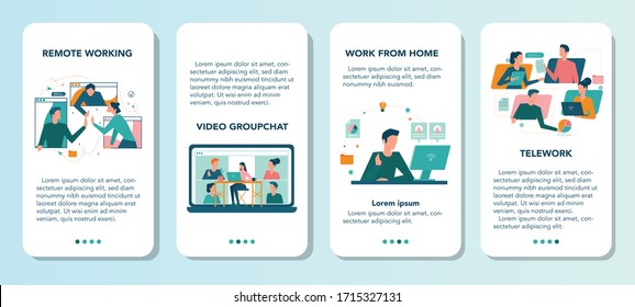 Remote working mobile application banner set. Telework and global outsourcing, Employee work from home. Social-distance during corona virus quarantine. Isolated flat vector illustration