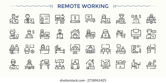 Conjunto de ícones modernos de Trabalho Remoto. Pacote fino de ícones de estrutura de tópicos. Contém símbolos de estrutura de tópicos como freelance, business, freelancer, work, remote. Arte vetorial e ilustração editáveis. Conjunto de ícones Freelance.