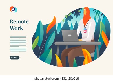 Remote Working. Muslim with hijab. Web landing page template vector