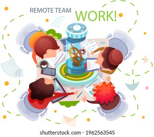 Remote working and networks. Professional business teleworkers connecting online and remote work from home for corporate company. Global outsourcing distributed team, freelance job. Remotely by leader