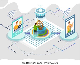 Remote working and networks. Professional business teleworkers connecting online and remote work from home for corporate company. Global outsourcing distributed team, freelance job. Remotely by leader