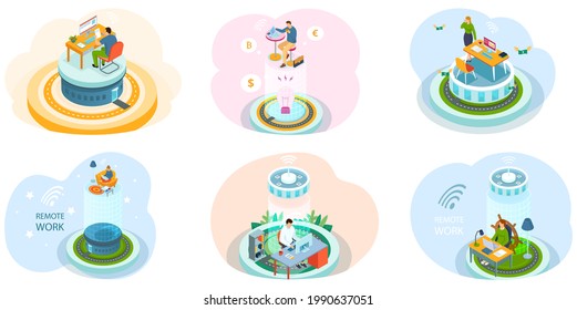 Remote working and networks. Professional business teleworkers connecting online and remote work from home for corporate company. Global outsourcing distributed team, freelance job. Remotely by leader