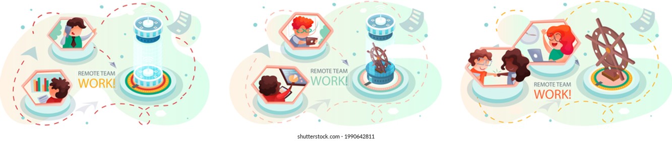 Trabajo remoto y redes. Teletrabajadores profesionales de negocios que conectan trabajo en línea y remoto desde casa para empresas. Contratación externa global distribuida equipo, trabajo independiente. Remotado por el líder