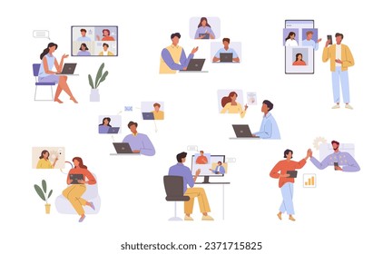 remote working. online conference people working together, cartoon characters meeting freelance online outsourcing distance job. vector cartoon concept characters collection.