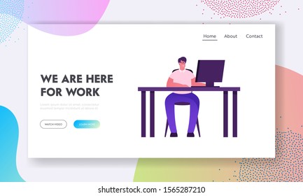 Remote Working Outsourced or Office Employee Website Landing Page. Man Artist Web Designer Programmer Sitting at Desk Working with Computer Online Job Web Page Banner. Cartoon Flat Vector Illustration