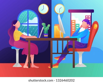 Remote Working, Part time job, designer or programmer web developer work. vector flat illustration