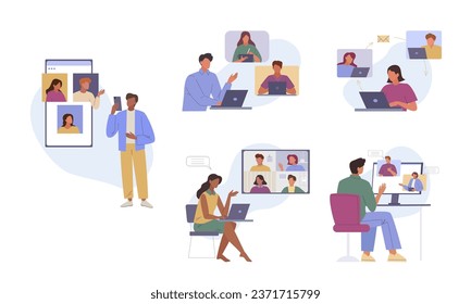 remote working. people working together online conference, cartoon characters landing freelance online meeting outsourcing distance job. vector cartoon concept characters collection.