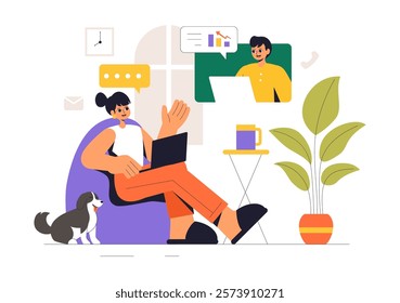 Remote Working Setup Vector Illustration of a Balanced Work Life Environment with Flextime, Emphasizing Flexibility and Productivity from the Home