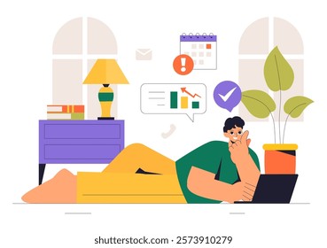 Remote Working Setup Vector Illustration of a Balanced Work Life Environment with Flextime, Emphasizing Flexibility and Productivity from the Home