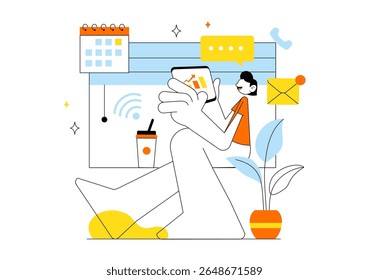 Remote Working Setup Vector Illustration Featuring a Balanced Work Life Environment with Flextime, Emphasizing Flexibility and Productivity from Home