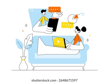 Remote Working Setup Vector Illustration Featuring a Balanced Work Life Environment with Flextime, Emphasizing Flexibility and Productivity from Home