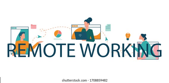 Remote working typographic header concept. Telework and global outsourcing, Employee work from home. Social-distance during corona virus quarantine. Isolated flat vector illustration