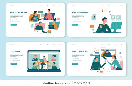 Remote working web banner or landing page set. Telework and global outsourcing, Employee work from home. Social-distance during corona virus quarantine. Isolated flat vector illustration