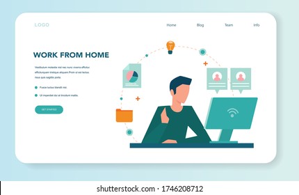 Remote working web banner or landing page. Telework and global outsourcing, Employee work from home. Social-distance during corona virus quarantine. Isolated flat vector illustration