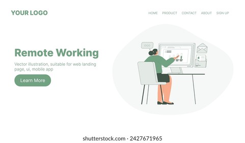 Remote Working. Web Landing Page Design. Flat Cartoon Vector Illustration. Vector illustration, suitable for web landing page, ui, mobile app.