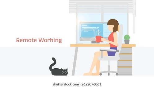 Trabalhadora Remota com Computador Desktop e Gato em Casa Escritório