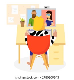 Remote working woman. Flat illustration. Bright colors. Home office meeting. Team work worldwide.