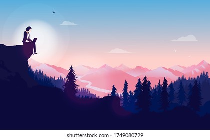 Remote working woman sitting on cliff in nature with view of valley. Writing on laptop computer with sunrise in background. Freelancer, freedom and work from anywhere concept. Vector illustration.