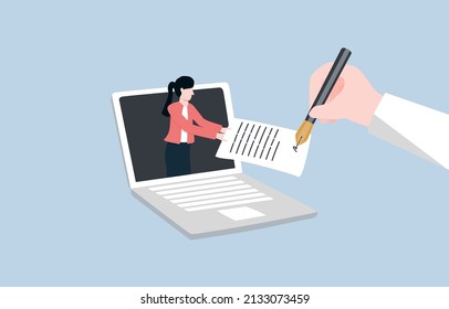 Remote Working Or Work From Anywhere. Online Signing Autograph For Any Contract Or Project. Distance Business Operation. Woman Employee Appears On Laptop Screen And Takes Paper Form For Her Boss Sign.